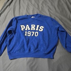 H&M Paris 1970 Sweatshirt Size Medium Blue 90s Hipster Sherpa Script Preppy Girl